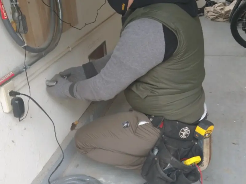 Electrician performing outlet wiring in a Clayton garage